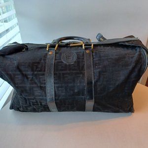 Vintage '70's Fendi Italy Black Zucca Fabric Leather Weekender Suitcase